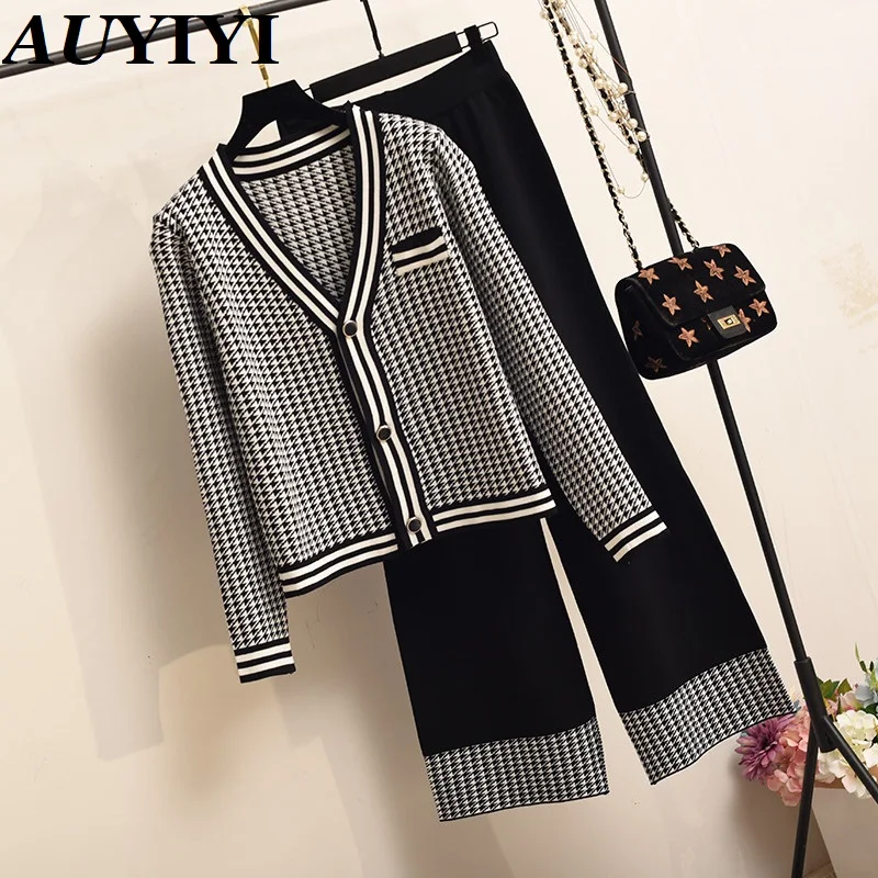 

AUYIYI модная и элегантная темпераментная вязаная блузка с коротким рукавом + брюки с широким вырезом Женская одежда из 2 предметов осень 2021