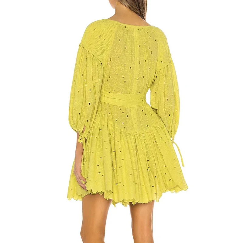 

VGH Hollow Out Loose Dress For Women V Neck Lantern Sleeve Casual Elegant Mini Dresses Female Fashion New Clothing 2021 Spring