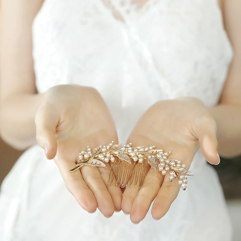 Новые сплавные гребни с жемчугом на листе для волос свадебные украшения серебряного/золотого/розового цвета для женщин бриджес с кристальным орнаментом.