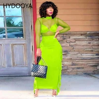 sheer mesh two piece set casual neon full sleeve see through top tassle skirts 2 pieces suit perspective outfit women tracksuits