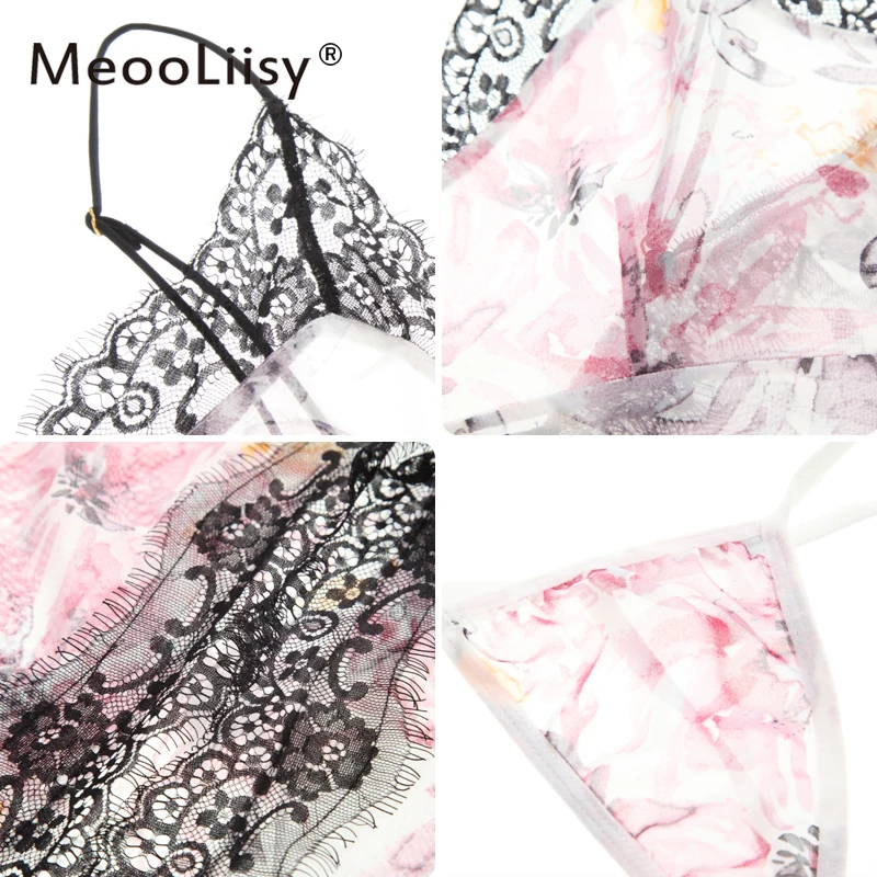 

New Female Sexy Lace Mesh Nightdress Deep-V Slit Backless Nightwear Eroti Printing Underwear Uniforms Seduction &T-back