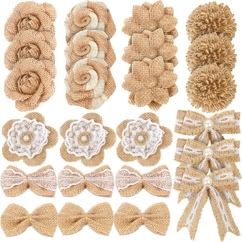 24Pcs Burlap Flowers 8 Styles Natural Handmade Rustic Rose Flower Bowknot With Faux Pearls For Diy Craft Bouquets Hom | Дом и сад