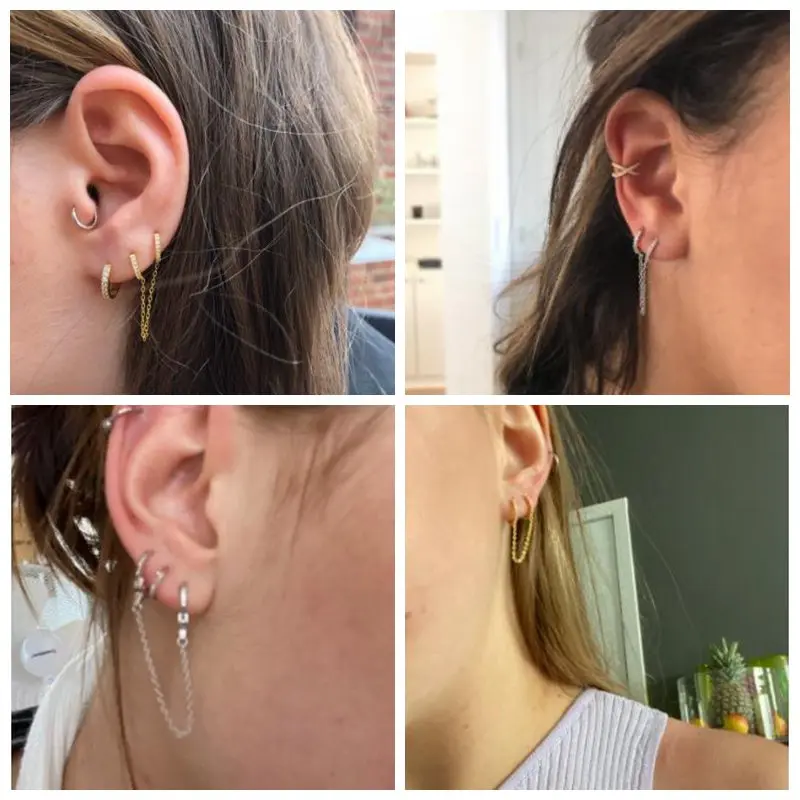 

1 pcs Gothic Punk Handcuff chain Earrings real 925 Silver european stud Earrings link chain for Women/Girl A30