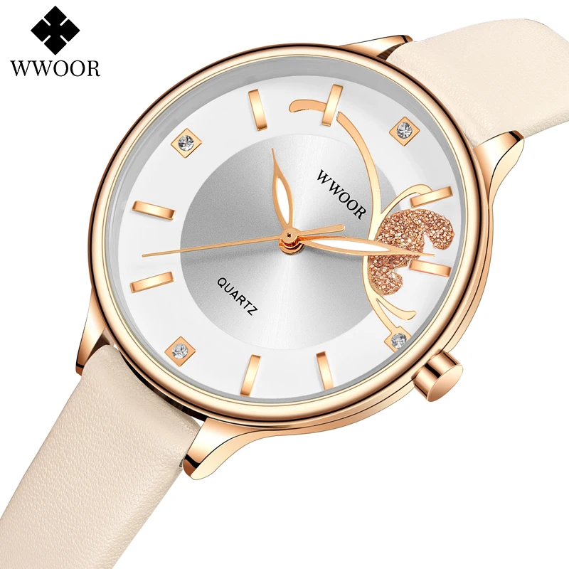 

WWOOR 2021 Ladies Watch Top Brand Luxury Designer Fashion White Women's Dress Quartz Watches Leather Wristwatch Relogio Feminino