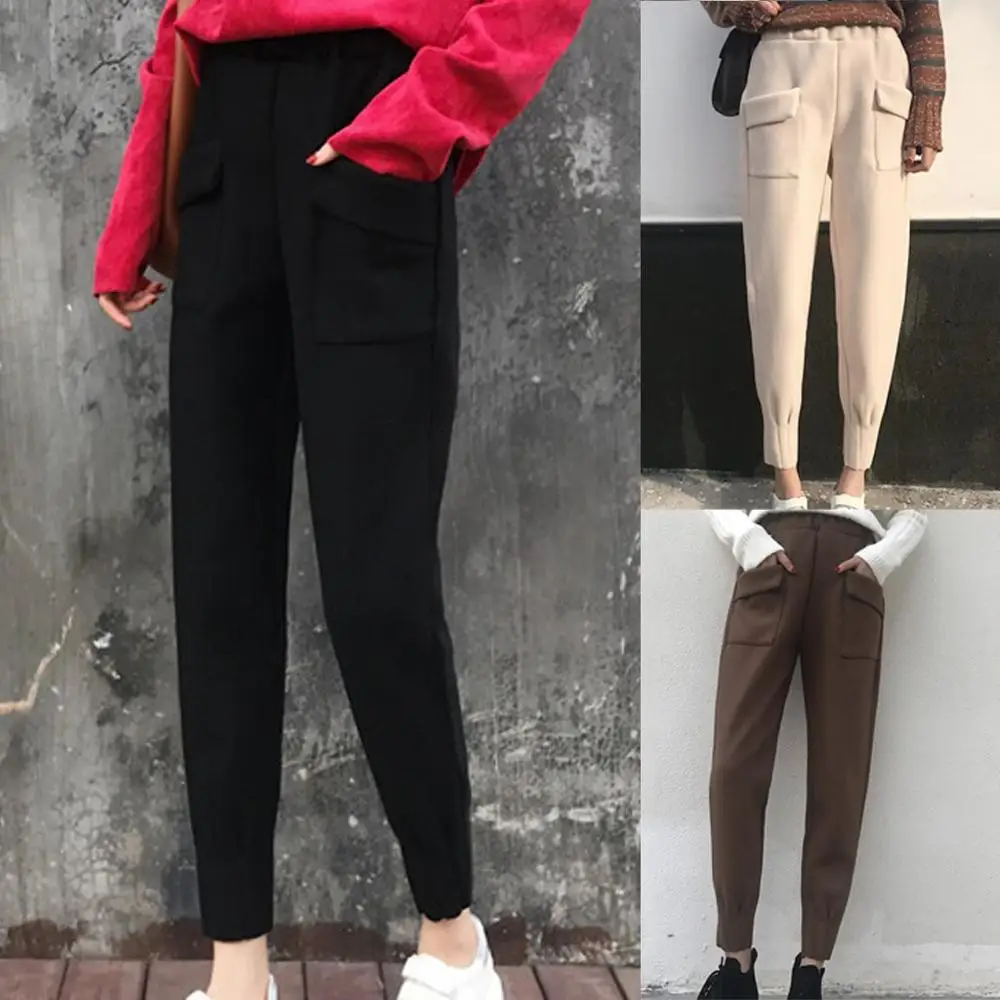 Женские флисовые брюки повседневные свободные однотонные брюки-карандаш