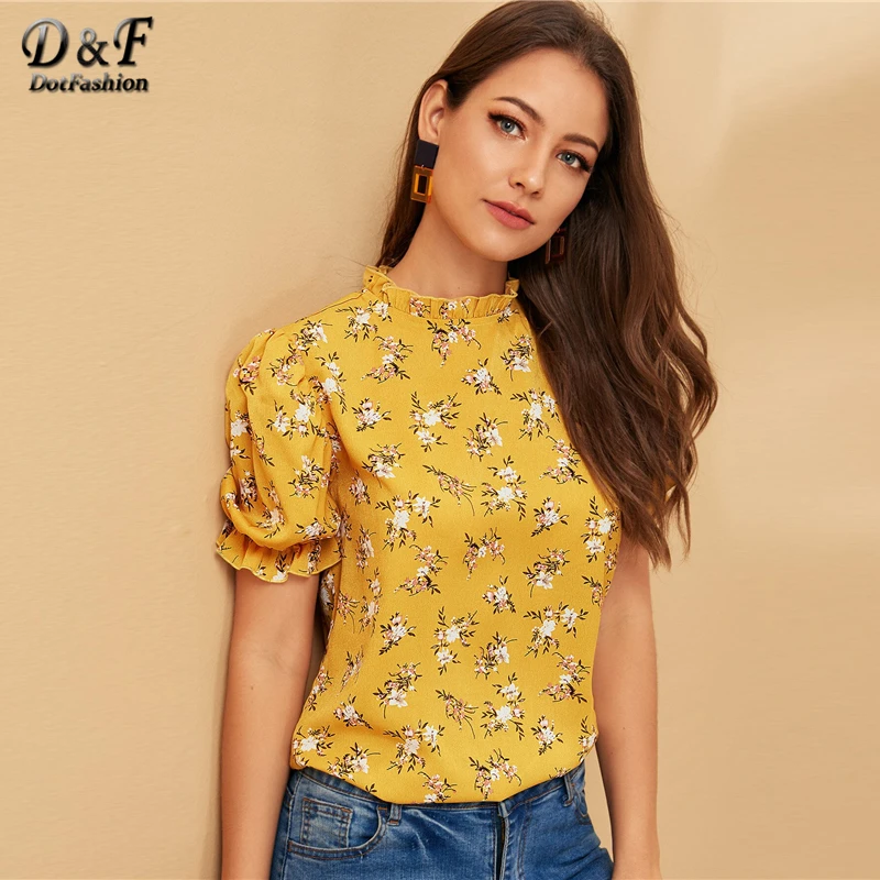 Dotfashion/Повседневная блузка с цветочным принтом для женщин; коллекция года; Летние шифоновые блузки с воротником-стойкой и коротким рукавом; топ с пышными рукавами