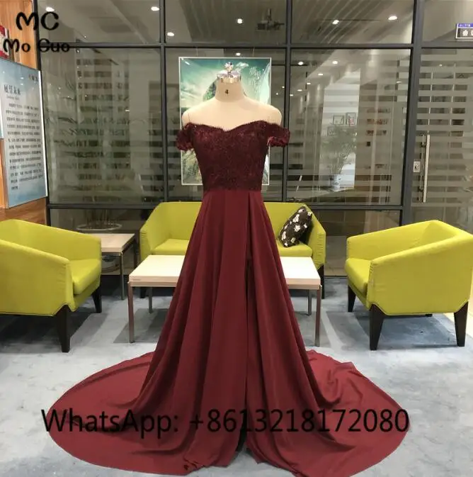 Women's Burgundy Off-Shoulder Chiffon Evening Dress with Front Split for Formal Party Wear image 6