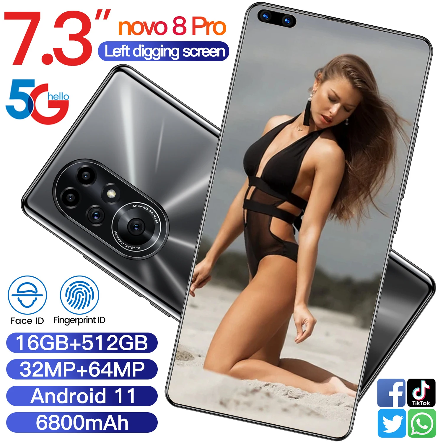 

Android11 Novo 8 Pro Global Version 7.3 Inch Screen 16GB 512GB Snapdragon 888 32MP 64MP Camera Face ID 6800mAh Battery Cellphone