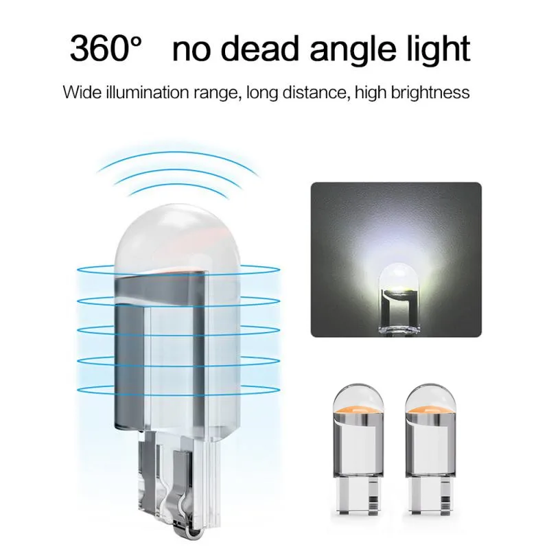 

2pcs Signal Light W5W 194 T10 LED Glass Housing Cob Car Bulb 6000K White Green Blue Red Wedge License Plate Lamp Dome Light