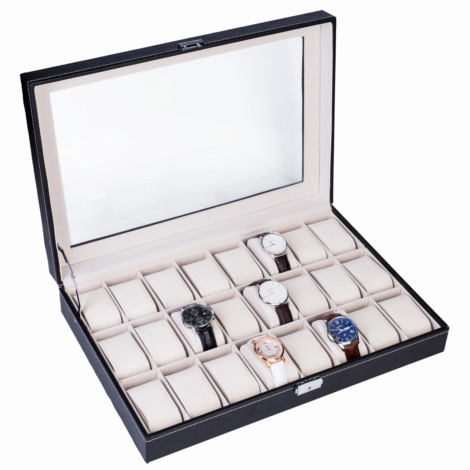 

24 Grids Watch Boxes PU Leather Storage Organizer Black Jewelry Watches Collector Display Case Holder Gift Men Women Portable