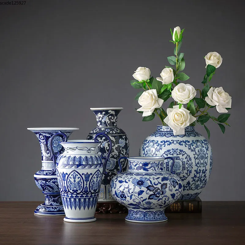 

Classical Blue Flower Ceramic Vase Flower Arrangement TV Cabinet Desktop Decoration Porcelain Crafts Hydroponic Vase Home Decor