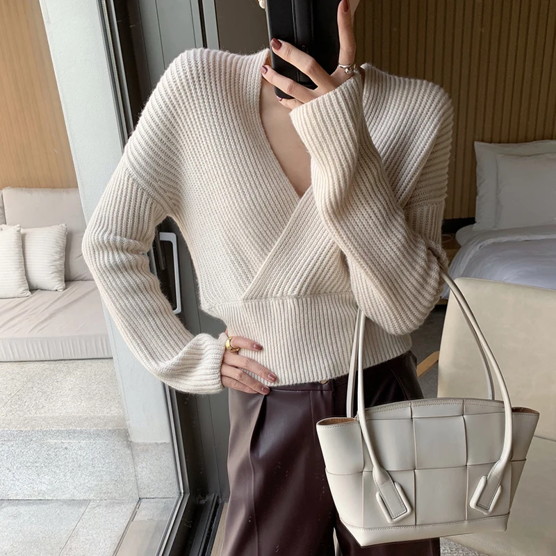 SINGRAIN Women Cross Knitted Sweater Winter Sexy V Neck Korean Fashion Warm Knit Tops Elegant Elastic Knitting Striped Pullovers | Женская
