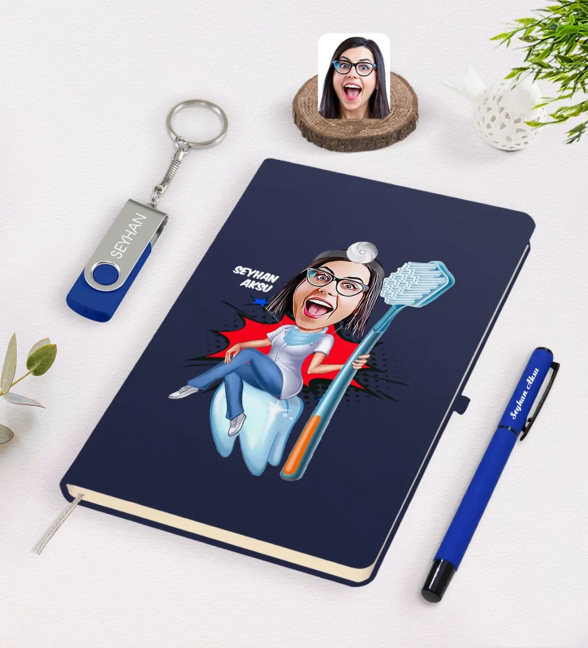 

Персонализированные Для женщин 'S стоматолог карикатура Темно-синие ручка для записной книжки 32 ГБ памяти USB Подарочный набор-4