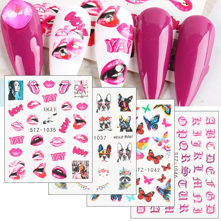 

4PCS Sexy Lips Nail Stickers Set Abstract Image Cool Girl Snake Water Transfer Decals Sliders Manicure Nail Art Decorations