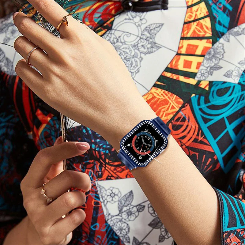 Бриллиантовый чехол + ремешок Миланская петля для apple watch band 44 мм 40 38 мм/42 тонкая