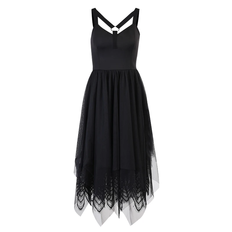 

2021 Dark Academia High Waist Midi Dresses Summer Vintage Aesthetic Mesh Black Corset Dress Punk Goth Sexy Hollow Out Backless