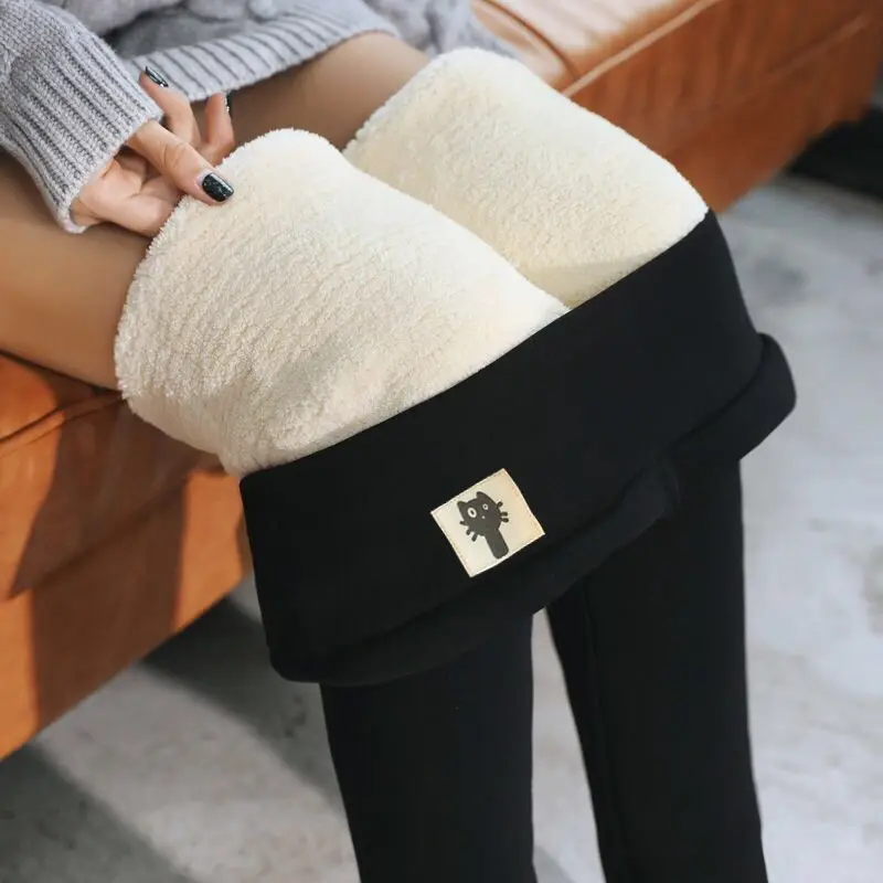 Black warm pants winter skinny thick velvet casual wool fleece Trousers Lambskin Cashmere Pants For Women leggings