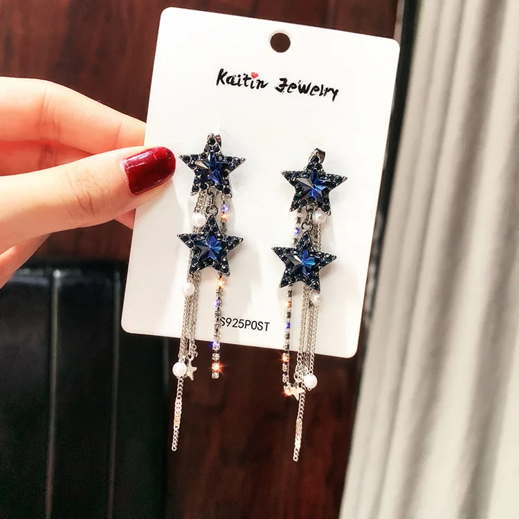 FYUAN корейский стиль звезда Висячие серьги для женщин Bijoux Длинная кисточка Блестящий Синий Кристалл Висячие серьги ювелирные аксессуары - Окраска металла: blue