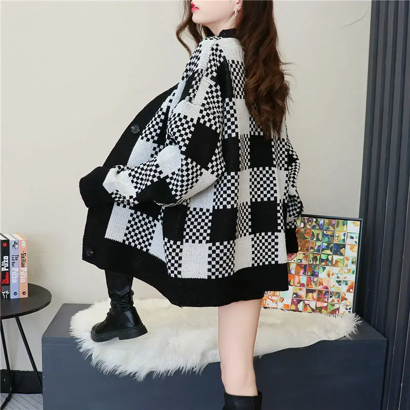 

Vintage Longe Sleeve Cardigan Plaid Buttons Knitted Fashion Sweater Women Autumn Winter Casual Loose Sweaters Coat & Jackets