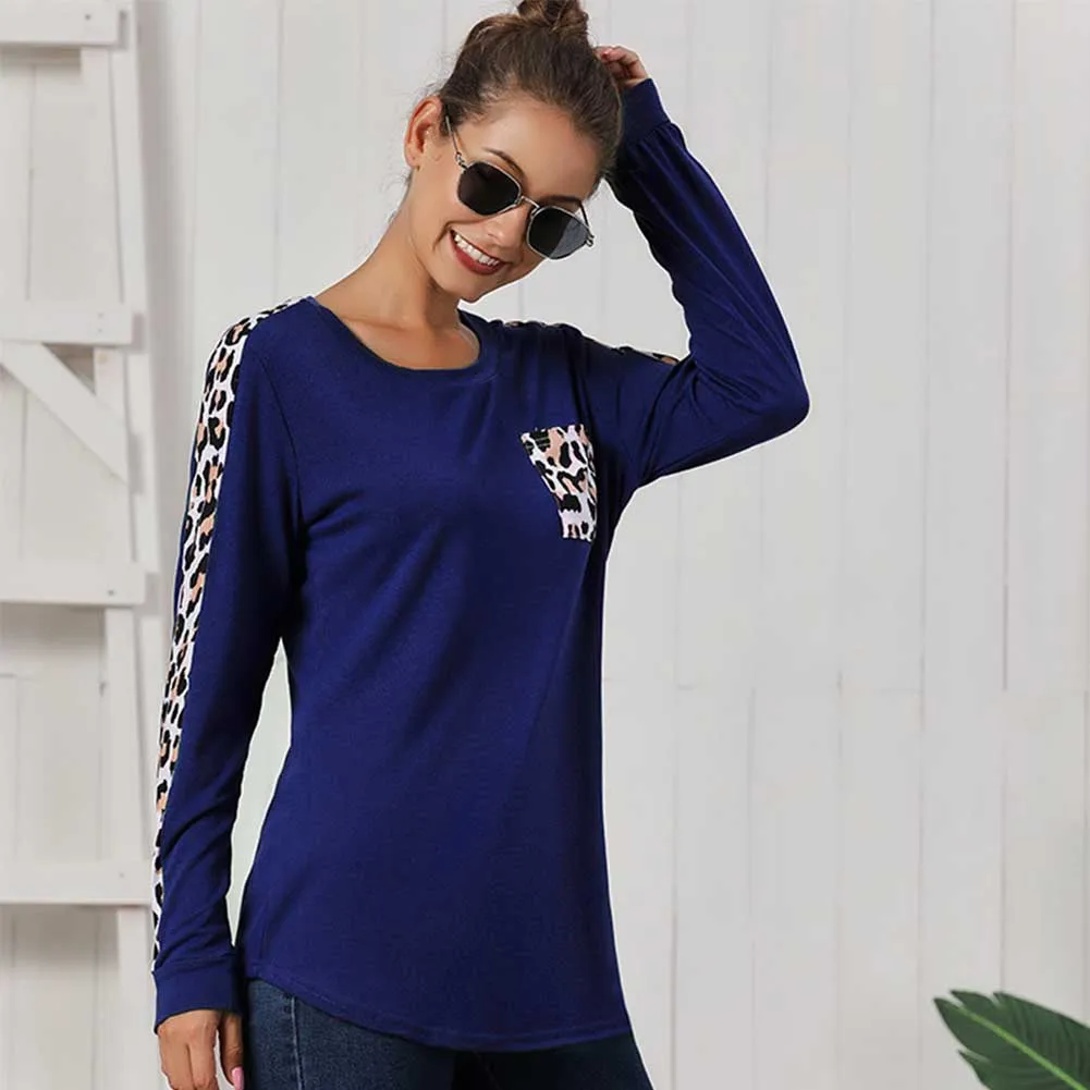

Women T Shirt Daily Wear Tops Loose Front Pocket Leopard Printed Round Neck Autumn Winter Fashion Casual Cotton Blend Stitching