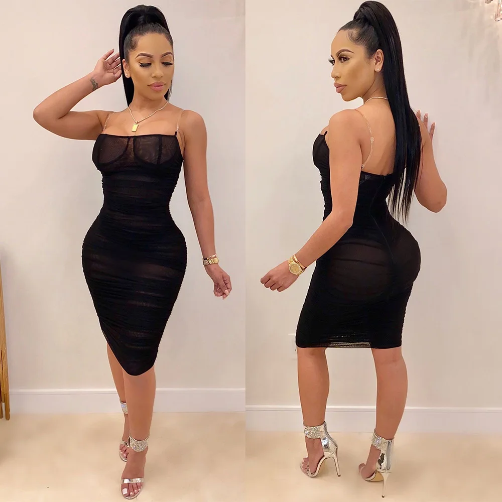 Соблазнительное Сетчатое Прозрачное платье без рукавов на бретелях однотонное