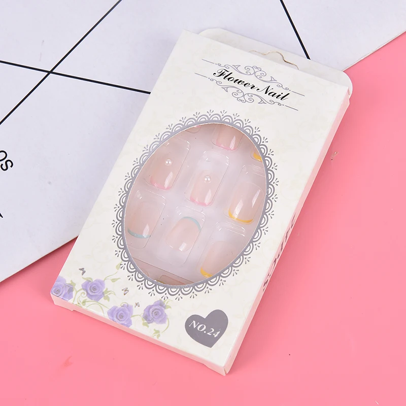 

2021 New Fashion Colourful French Style Nails Acrylic Faux Square Full Cover False Nails With Glue