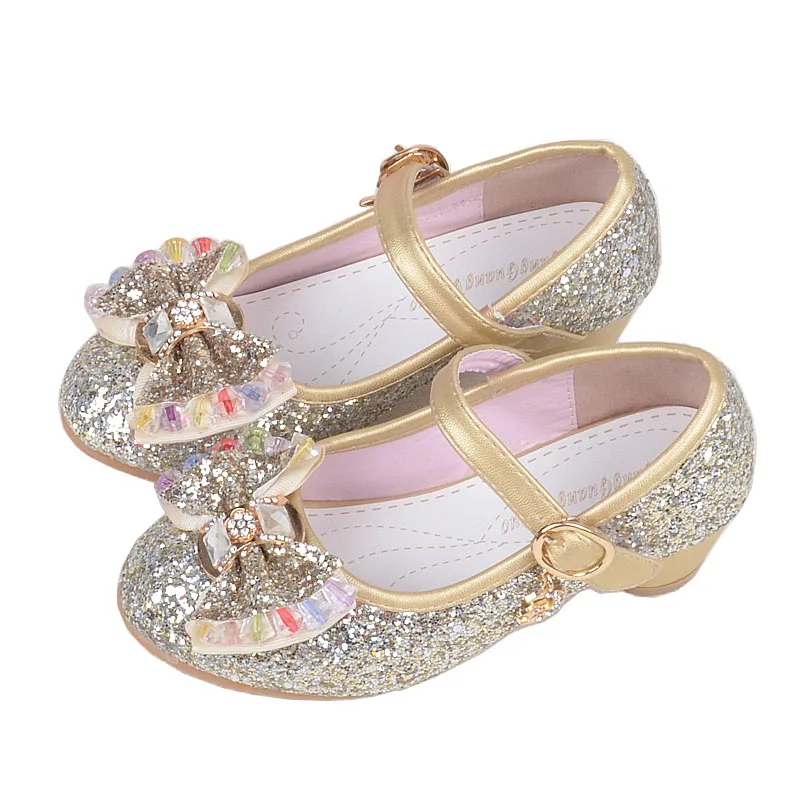 Блестящие Детские кожаные туфли на высоком каблуке для девочек обувь принцессы