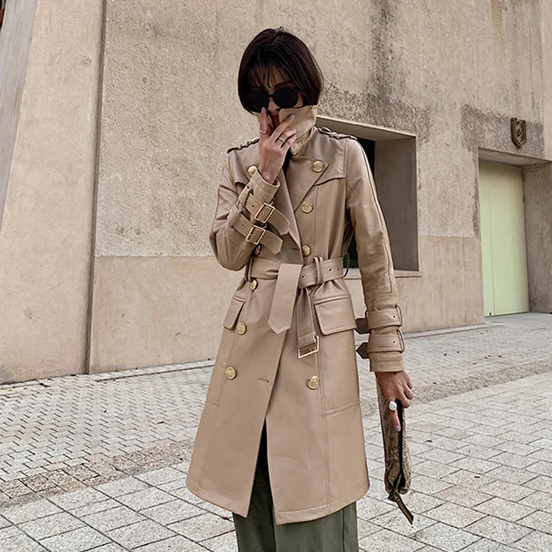 

Двубортная Ветровка из 2021 овечьей кожи, женская одежда из натуральной кожи, Женская приталенная куртка