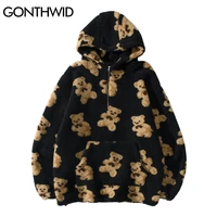gonthwid fleece hooded sweatshirts streetwear hip hop bear print half zipper pullover hoodies harajuku casual tops coats outwear
