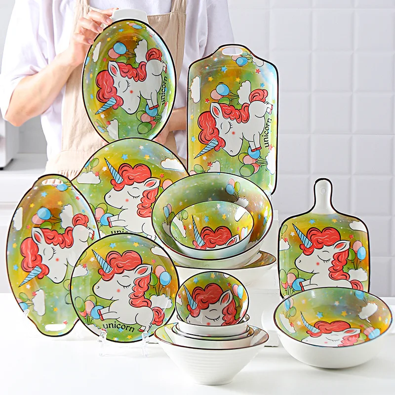

New Creative Unicorn Set Plate Cartoon Ceramic Deep Dishes Hand Painting Tableware Porcelain Set Fruit Salad Soup Pasta Bowl