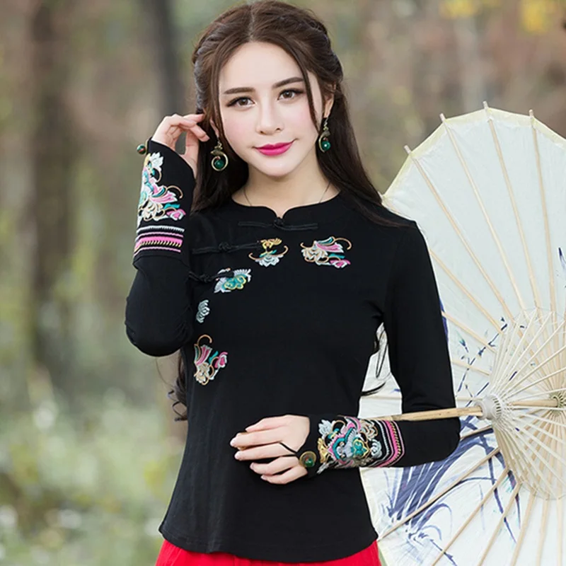 Женская этническая блузка с вышивкой и длинным рукавом