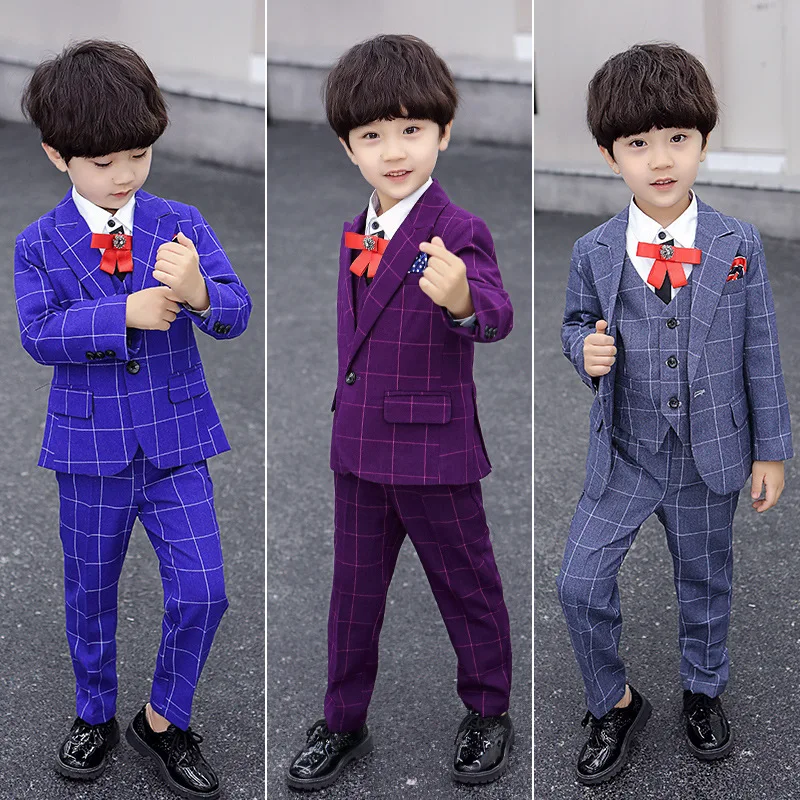 

Children's Suits Set for Wedding Party Performance Costume Flower Boys Plaid Blazer Vest Pants 3pcs Outfits Kids Formal Clothes