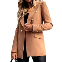 Women Slim Blazer Turn-Down Collar Double Breasted Fake Pockets Solid Color Autumn Winter Office Lad