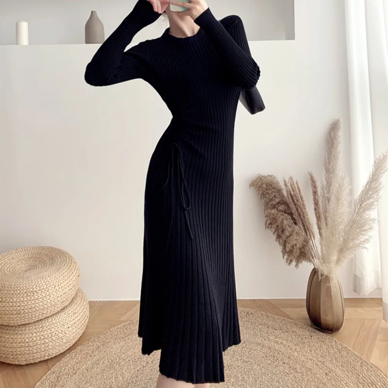 

Autumn Winter Fashion Sweater Slim Midi Dresses Elegant Drawstring Bandage Bottomed Knitted Dress 2021 Vestidos De Mujer Casual