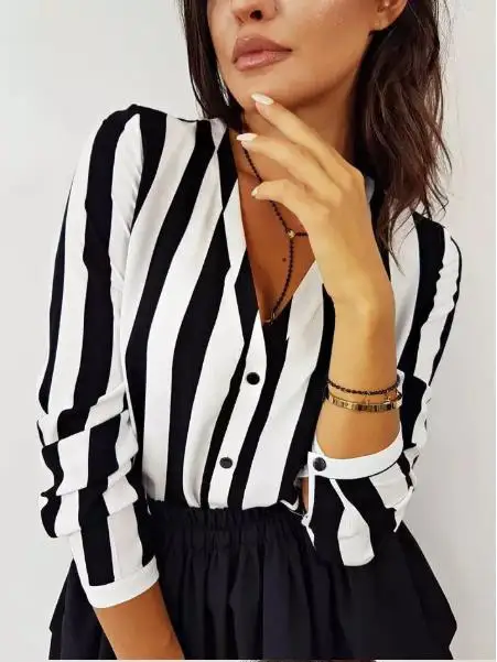 2019 Модные полосатые женские свободные рубашки с длинным рукавом и V образным