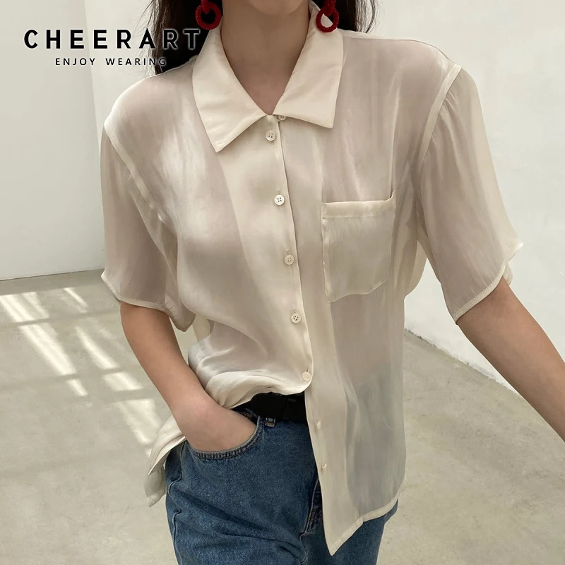 

Рубашка CHEERART женская с коротким рукавом, блестящая блузка на пуговицах, модная атласная блузка в Корейском стиле, лето 2021