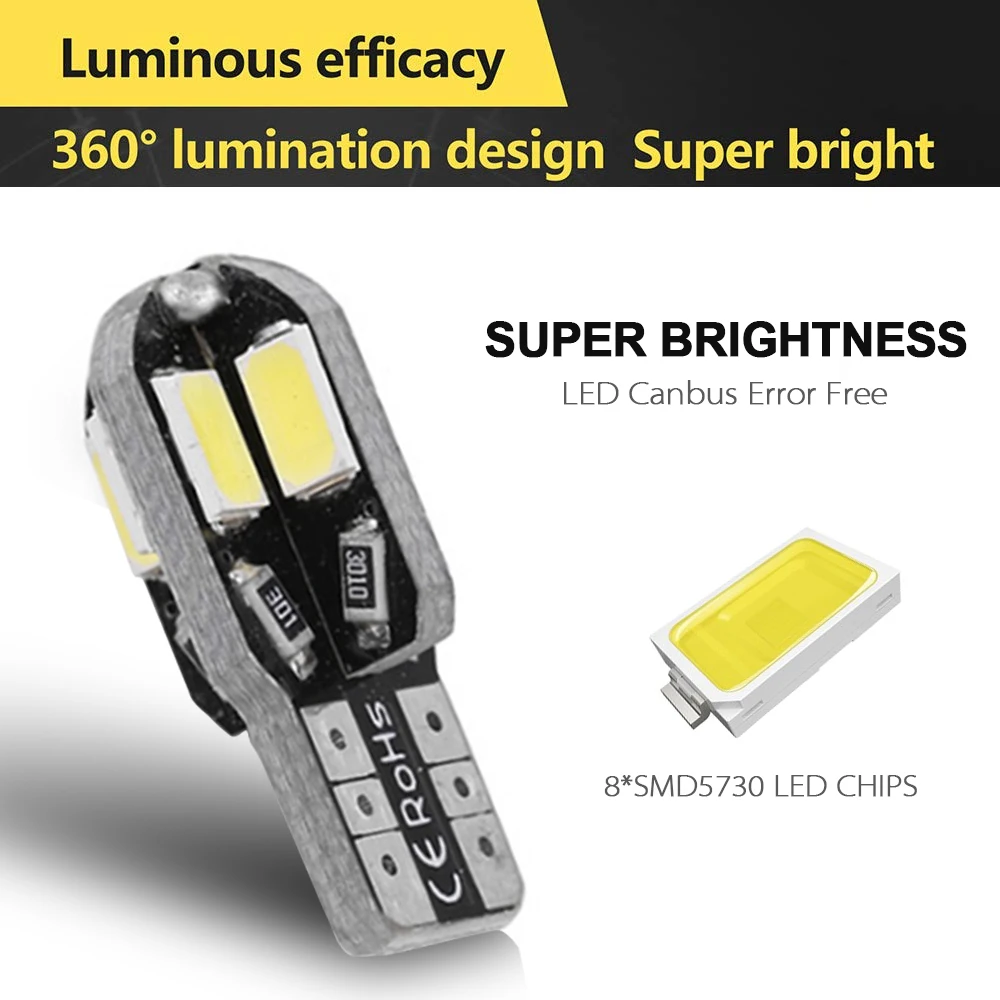 10 Pcs/Lot T10 Led Car Interior Bulb Canbus Error Free White 5730 8SMD LED DC12V Side Wedge Light White/Warm Lamp | Автомобили и