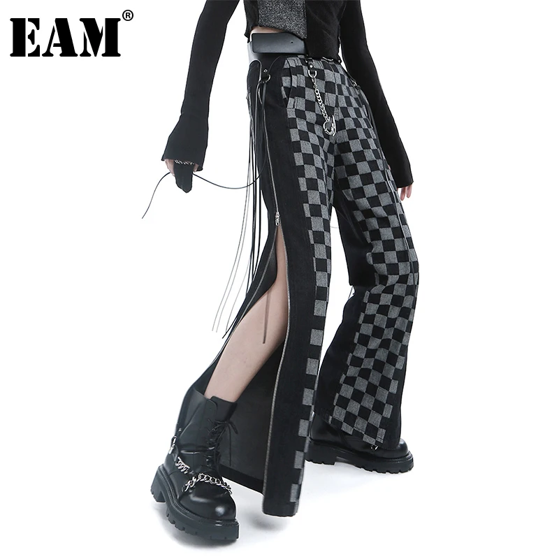 

[EAM] черные клетчатые джинсовые широкие брюки с высокой талией, с боковыми разрезами, новые свободные женские брюки, модные весенне-осенние ...
