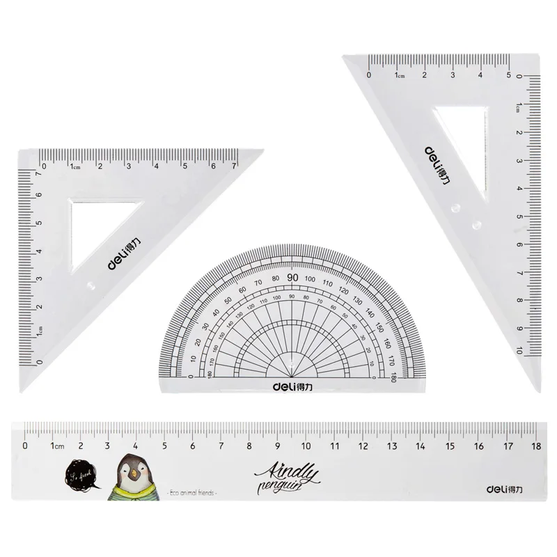 

4pcs / set of Deli 71987 cartoon animal multifunctional drawing combination ruler + triangle ruler protractor student stationery