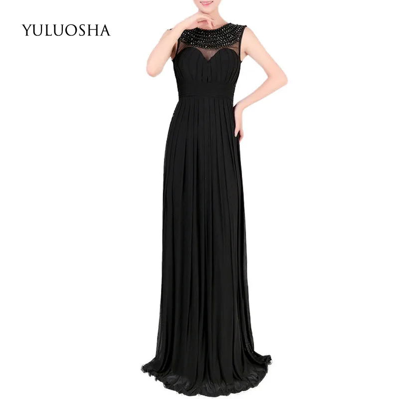 

YULUOSHA Evening Dress Women Sexy Sleeveless O-Neck Draped Long Evening Dresses Vestidos De Noche Largos Elegantes De Fiesta