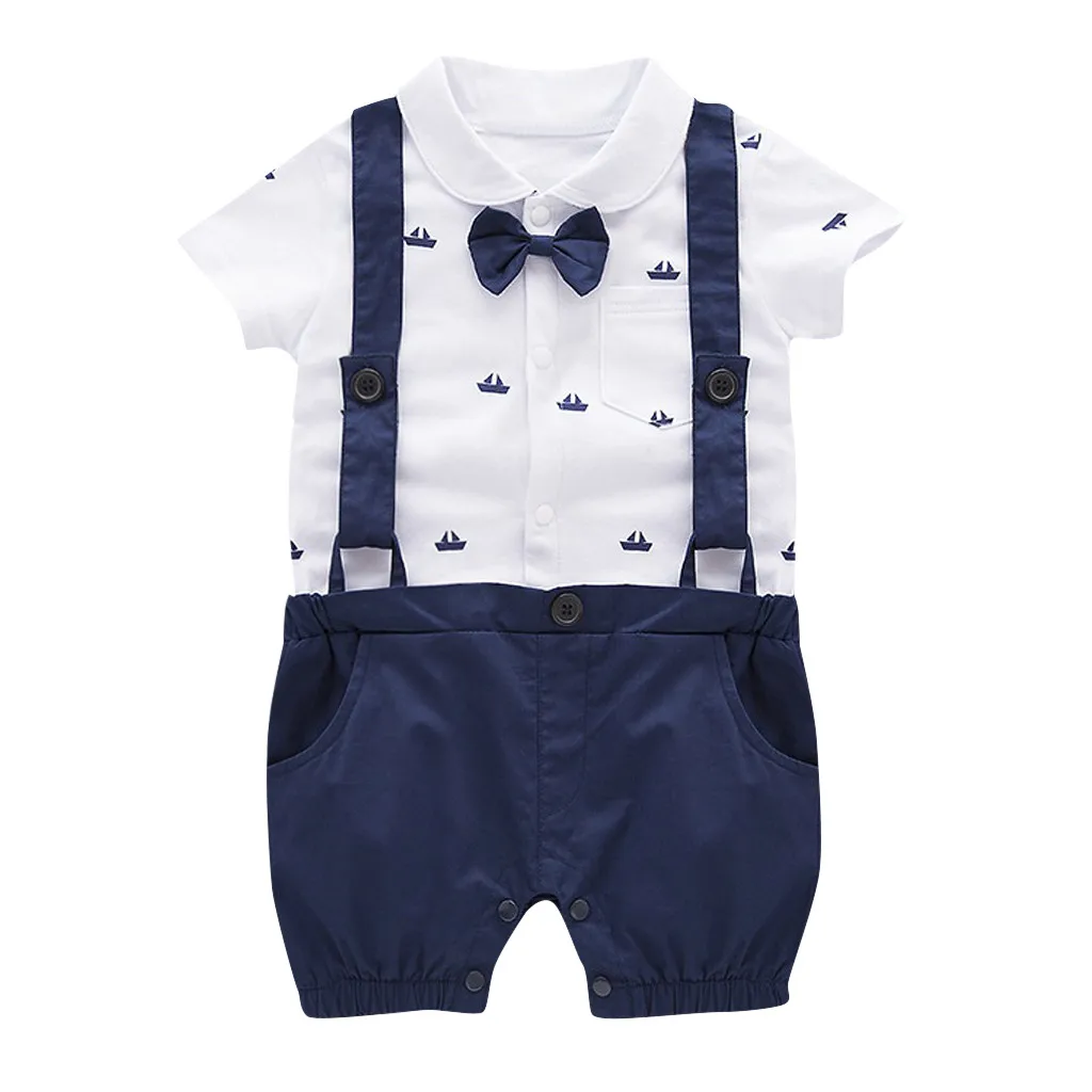 0-3T baby short-sleeved bowknot cartoon printing suspenders gentleman suit Siamese fashion jumpsuit solid S4 |