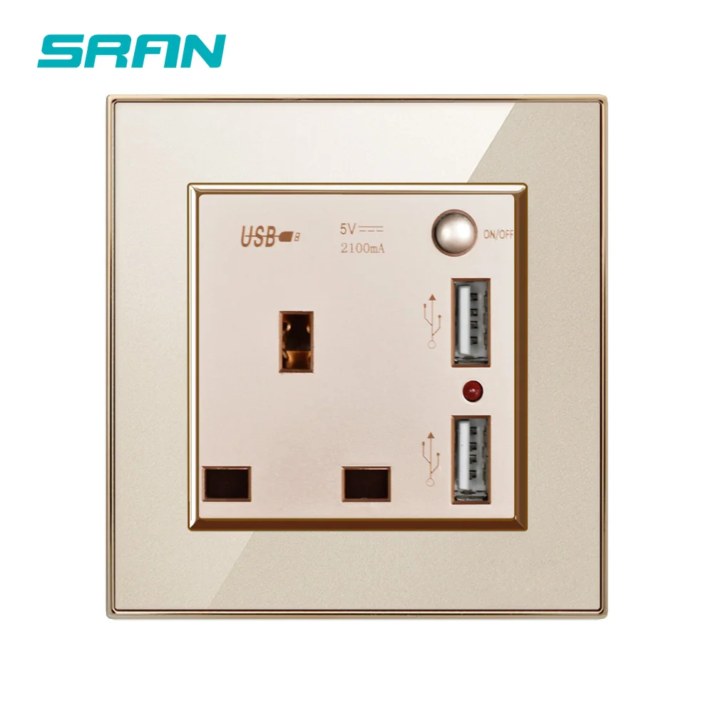 SRAN Великобритания настенная розетка с USB переключателем 13A 250V Золотой Кристалл