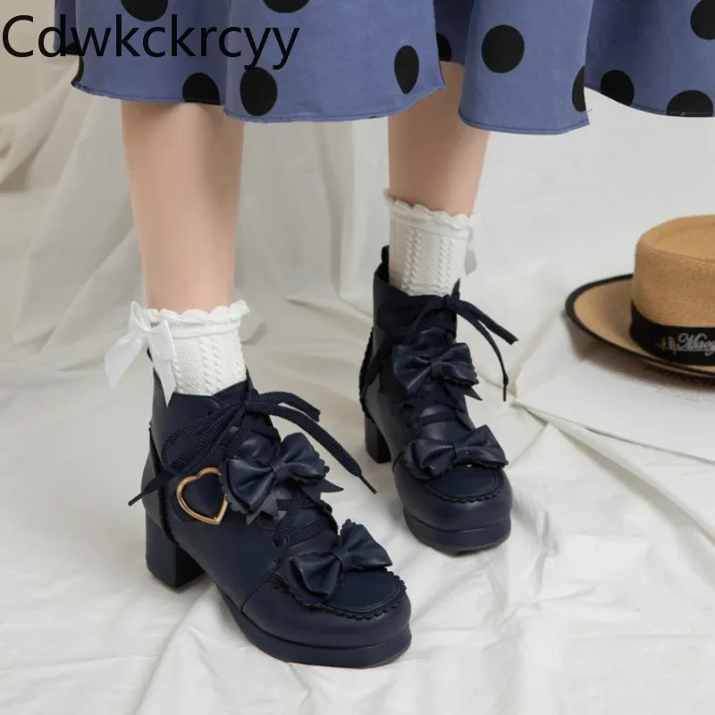 

winter The New fashion Thick bottom lovely sweet Bow Martin boots black blue brown Cross straps student High heels Women boots
