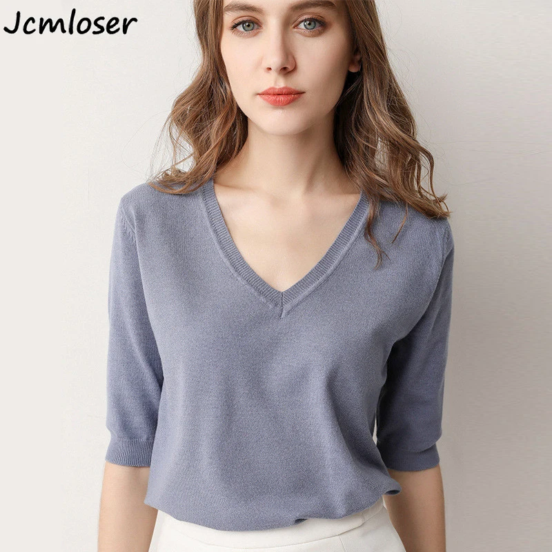 

Женский тонкий свитер в рубчик, трикотажный пуловер с коротким рукавом и V-образным вырезом, мягкая теплая футболка, весна-лето 2021