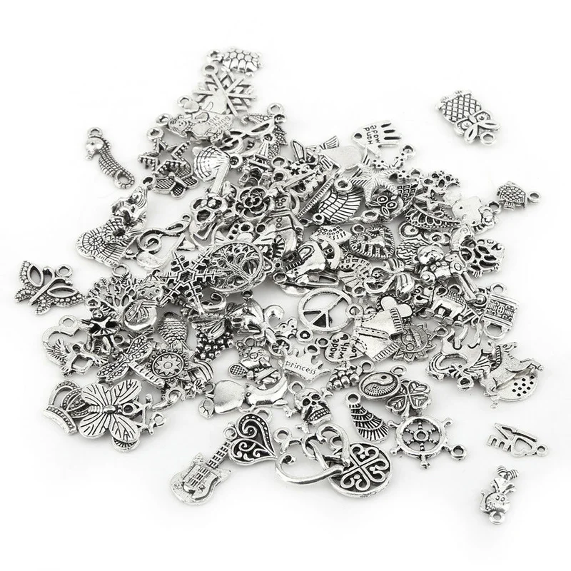 Wholesale 100pcs/lot Mixed Tibtan Silver Charms Pendants for DIY Jewelry Making - Окраска металла: Random Shape
