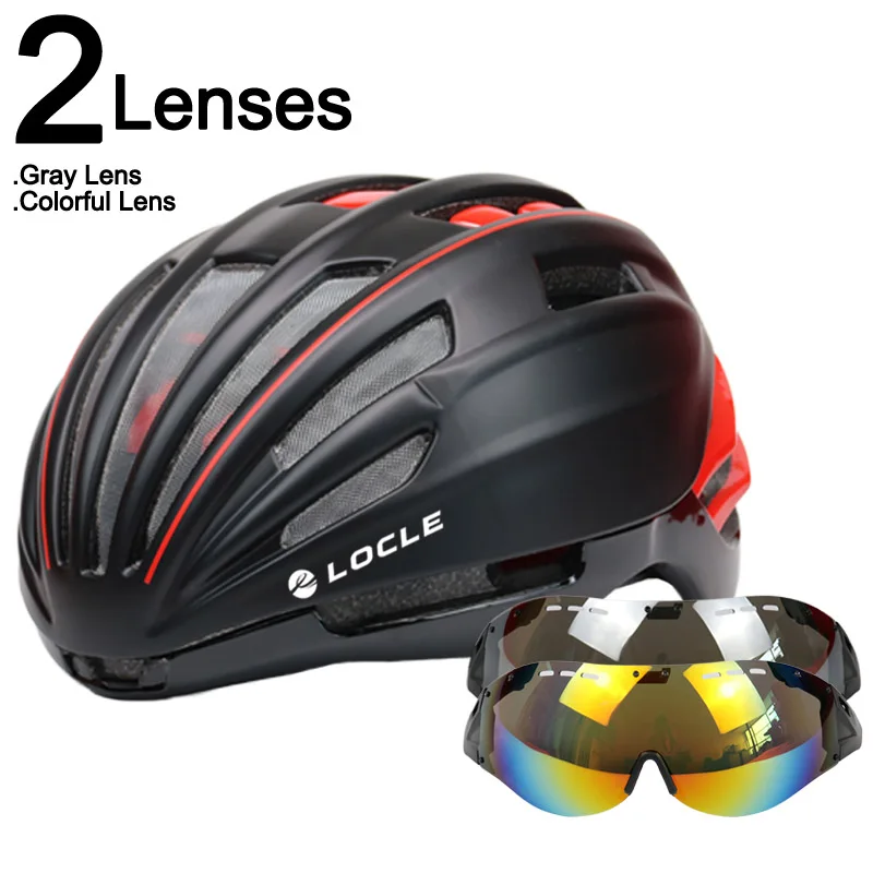 LOCLE 280 г очки, велосипедный шлем, сетка от насекомых, дорожный горный MTB велосипедный шлем с линзой, шлем для велосипеда, Casco Ciclismo - Цвет: Black Red 2 Lenses