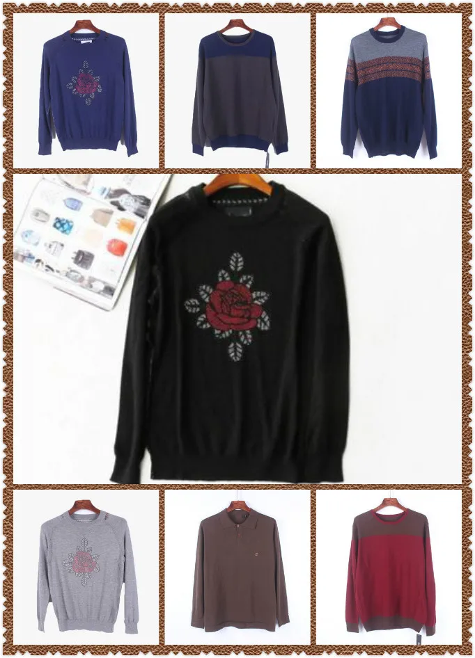 

Chinese style autumn and winter soft solid color rhinestone flower knitted men's undershirt color matching knitted sweater