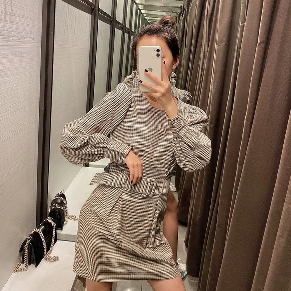 

Women Elegant Plaid Mini Dress Belt Design O Neck Long Sleeve Back Zipper Female Casual Office Wear Chic Dresses Sashes Empire
