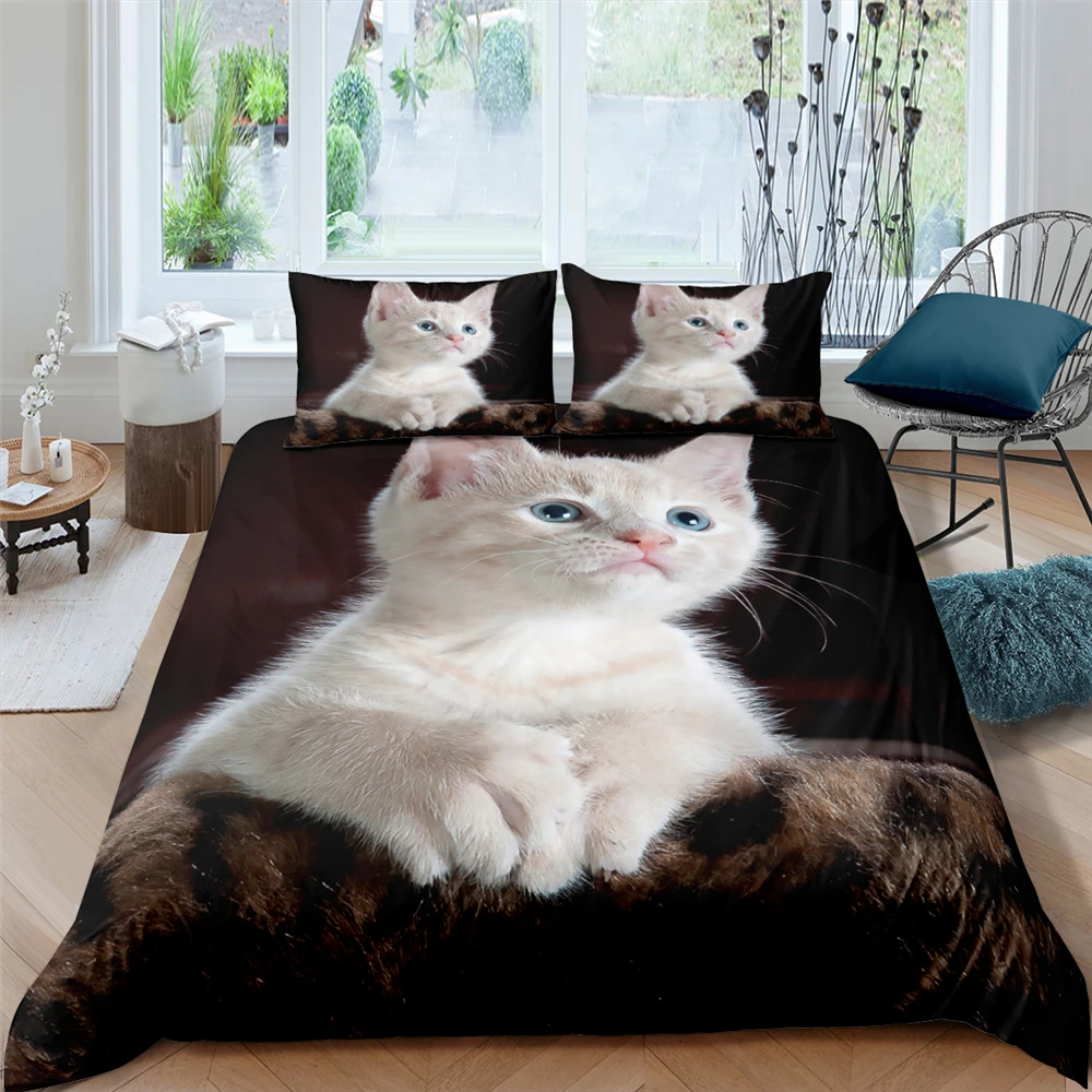 

2/3Pcs Cat Kitty Duvet Cover Set for Kids Boys Polyester Lover Cartoon Comforter Cover Bedding Set Twin Bedroom Home Textiles