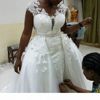 black girl cap sleeves lace appliqued wedding dress with detachable train african v neck pearls plus size bridal gown